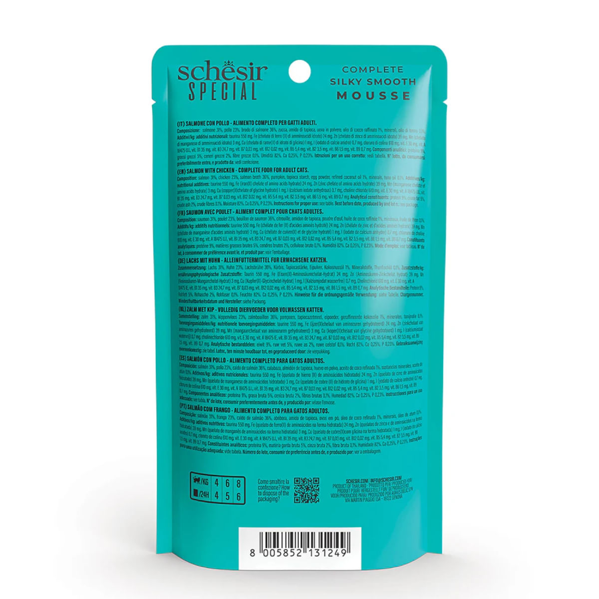 SCHESIR Special Skin & Coat, Somon și Pui, plic hrană umedă fără cereale pisici, piele & blană, (mousse), 70g - poza 3