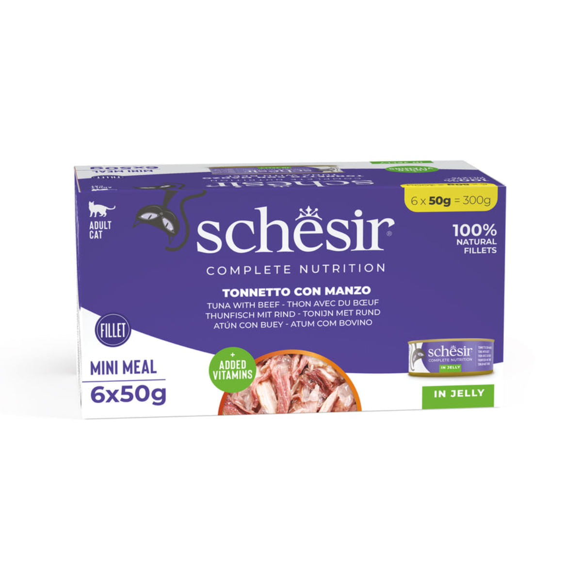 SCHESIR, Ton și Vită, conservă hrană umedă pisici, (în aspic), multipack, 50g x 6buc - poza 1