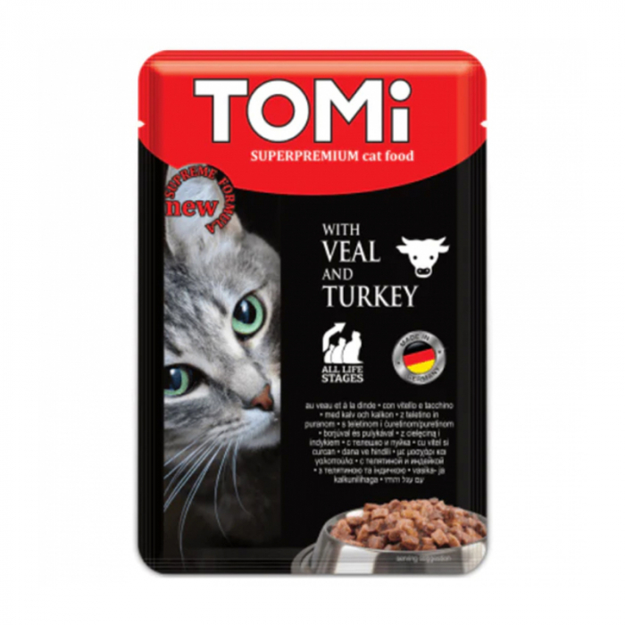 Set 20 buc x 100 gr Hrana umeda pentru pisici Tomi cu vitel curcan
