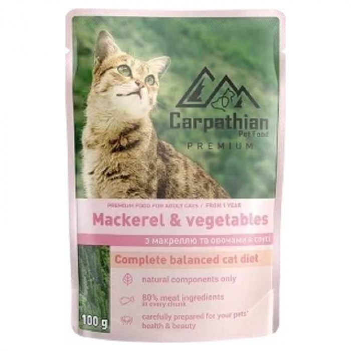 Set 24 buc x 100 gr Hrana umeda pentru pisici Carpathian cu macrou legume