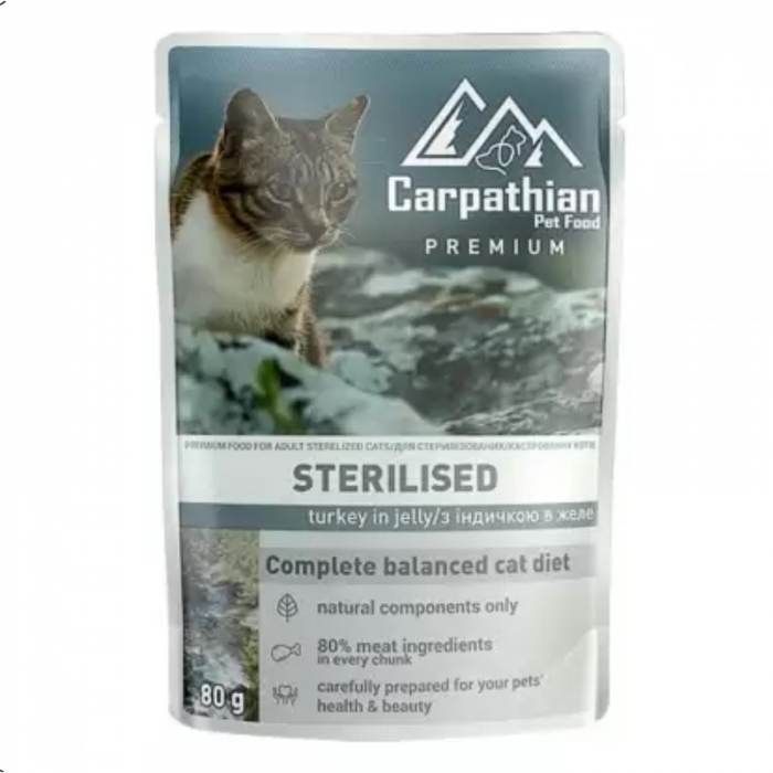 Set 24 buc x 80 gr Hrana umeda pentru pisici Carpathian Sterilised cu curcan in jeleu