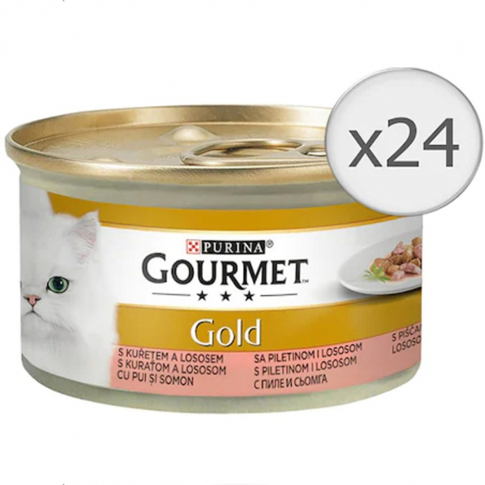 Set 24 buc x 85 gr Hrana umeda pentru pisici Gourmet Gold cu somon pui