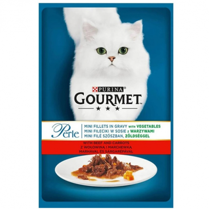Set 26 buc x 85 gr Hrana umeda pentru pisici Gourmet Perle Mini Fileuri cu vita morcovi in sos