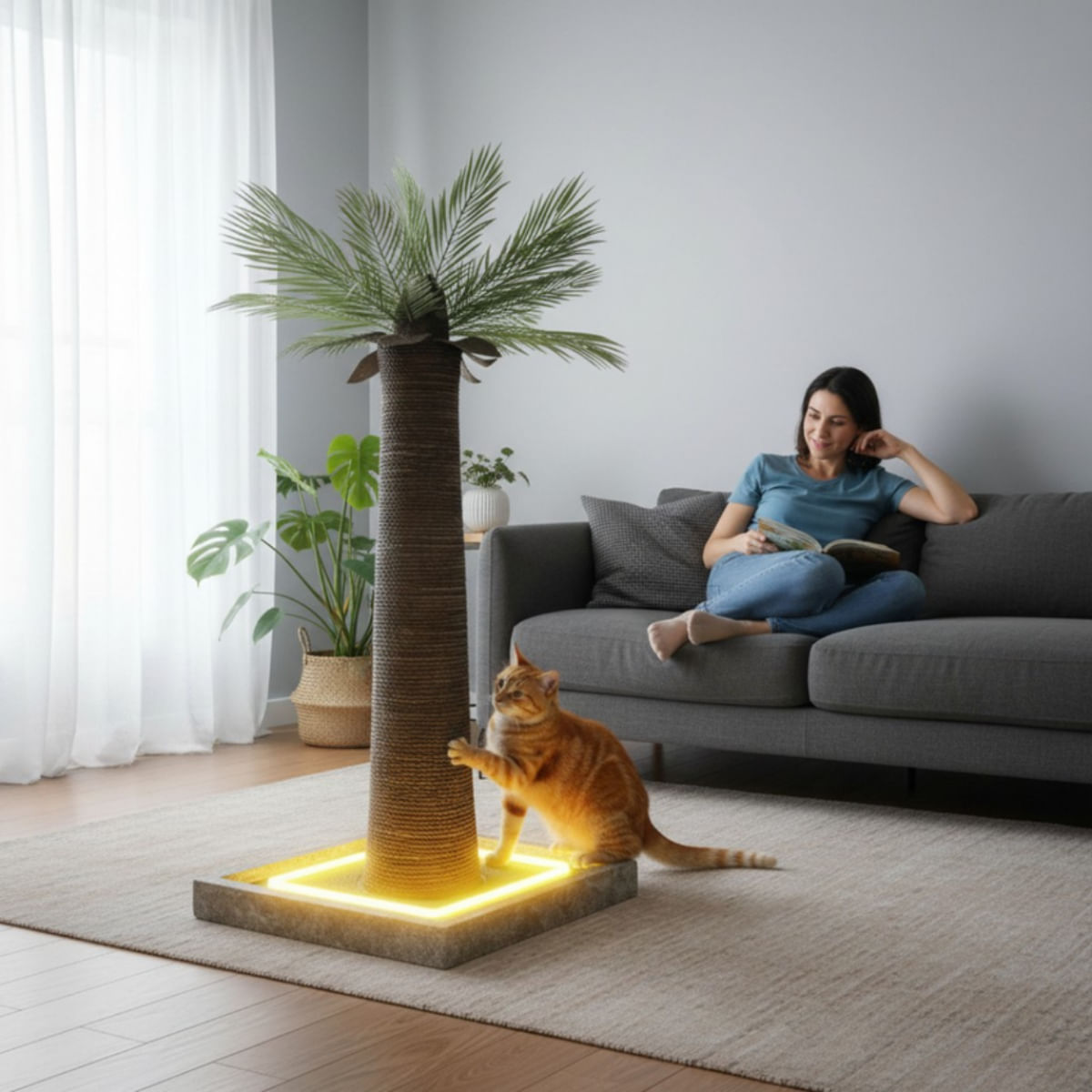 SHAW Palmier cu LED, stâlp de zgâriat cilindric pisici, MDF și sisal, maro, 45x45x92cm - poza 3