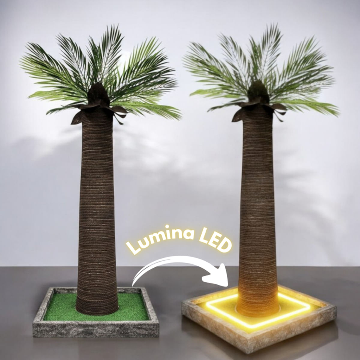 SHAW Palmier cu LED, stâlp de zgâriat cilindric pisici, MDF și sisal, maro, 45x45x92cm - poza 5