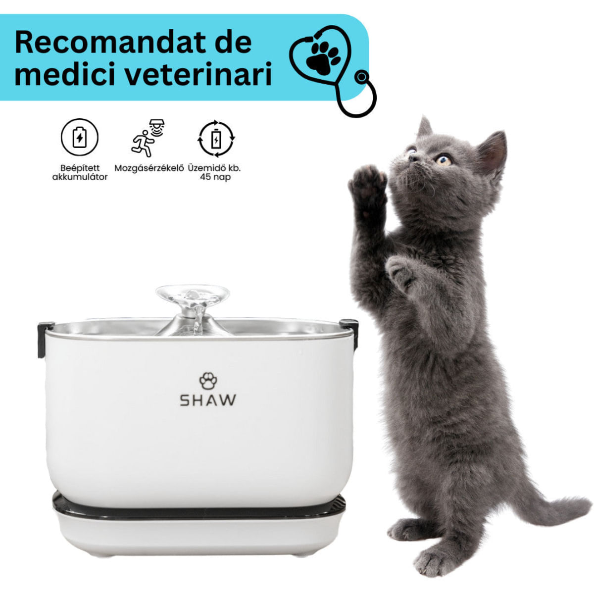 SHAW PRO V3, fântână câini, dreptunghiulară, senzor, pompă inducție, sistem filtrare, PVC SHAW PRO V3, fântână câini și pisici, dreptunghiulară, senzor, pompă inducție, sistem filtrare, PVC, alb, 2.5l - poza 1
