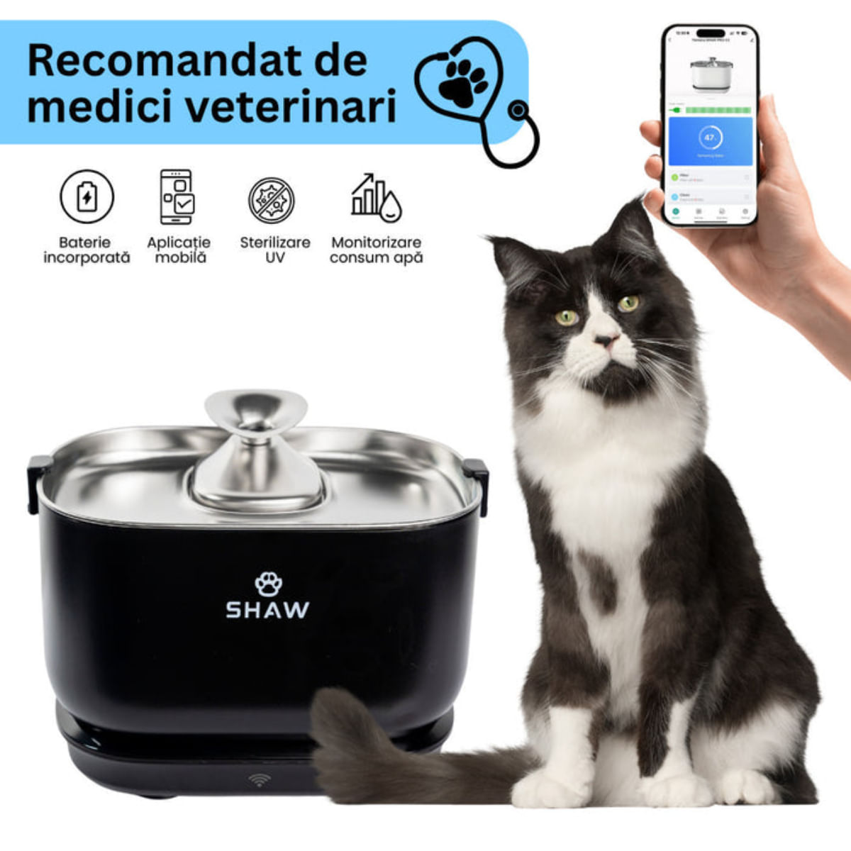 SHAW PRO V3 Smart, fântână câini, dreptunghiulară, senzor, aplicație mobilă, sistem filtrare, PVC SHAW PRO V3 Smart, fântână câini și pisici, dreptunghiulară, senzor, aplicație mobilă, sistem filtrare, PVC, negru, 2.5l - poza 2