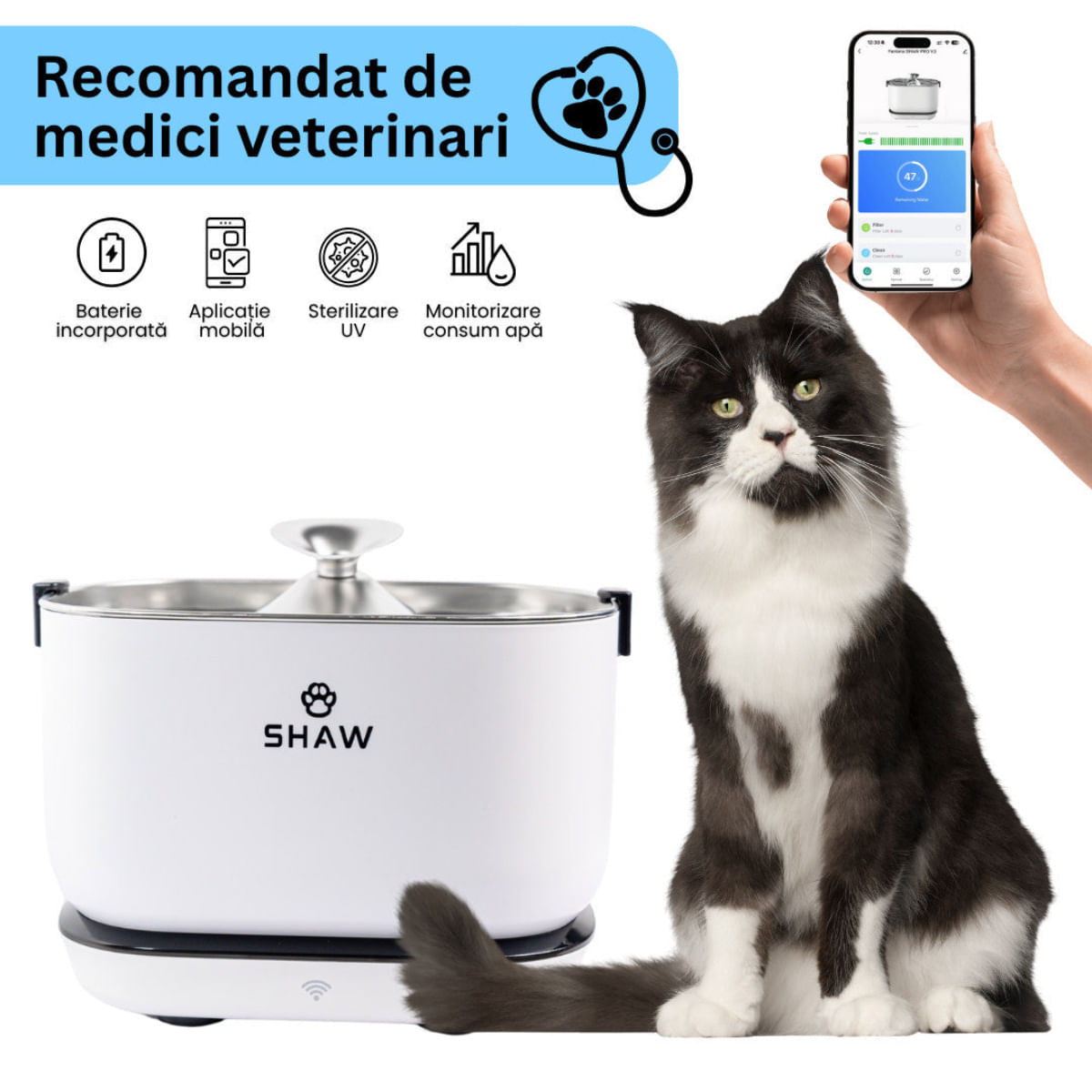 SHAW PRO V3 Smart, fântână câini, dreptunghiulară, senzor, aplicație mobilă, sistem filtrare, PVC SHAW PRO V3 Smart, fântână câini și pisici, dreptunghiulară, senzor, aplicație mobilă, sistem filtrare, PVC, alb, 2.5l - poza 1