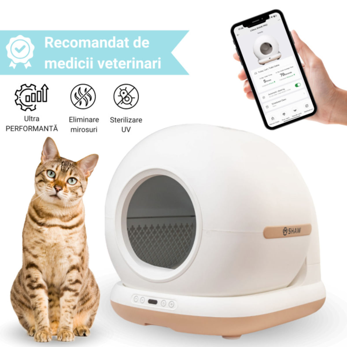SHAW Smart Pro, litieră automată pisici, cu filtru, auto-curățare, aplicație mobilă, sterilizare UV, alb, 58.2x50.2x53 cm - poza 3