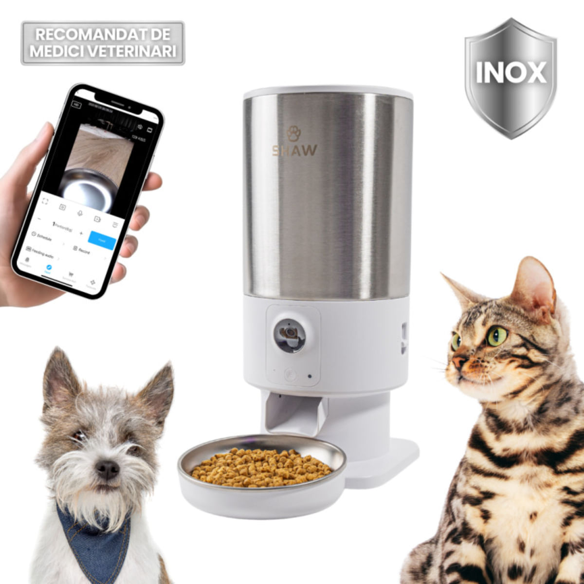 SHAW Smart PRO V3, hrănitor automat câini, 1 bol rotund, programabil, aplicație mobilă, PVC SHAW Smart PRO V3, hrănitor automat câini și pisici, 1 bol rotund, programabil, aplicație mobilă, PVC, alb, XS-S(5l) - poza 1