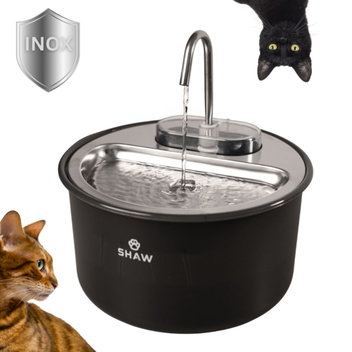 SHAW Tip Robinet, fântână câini, rotundă, inox SHAW Tip Robinet, fântână câini și pisici, rotundă, inox, negru, XS-M(4l) - poza 1