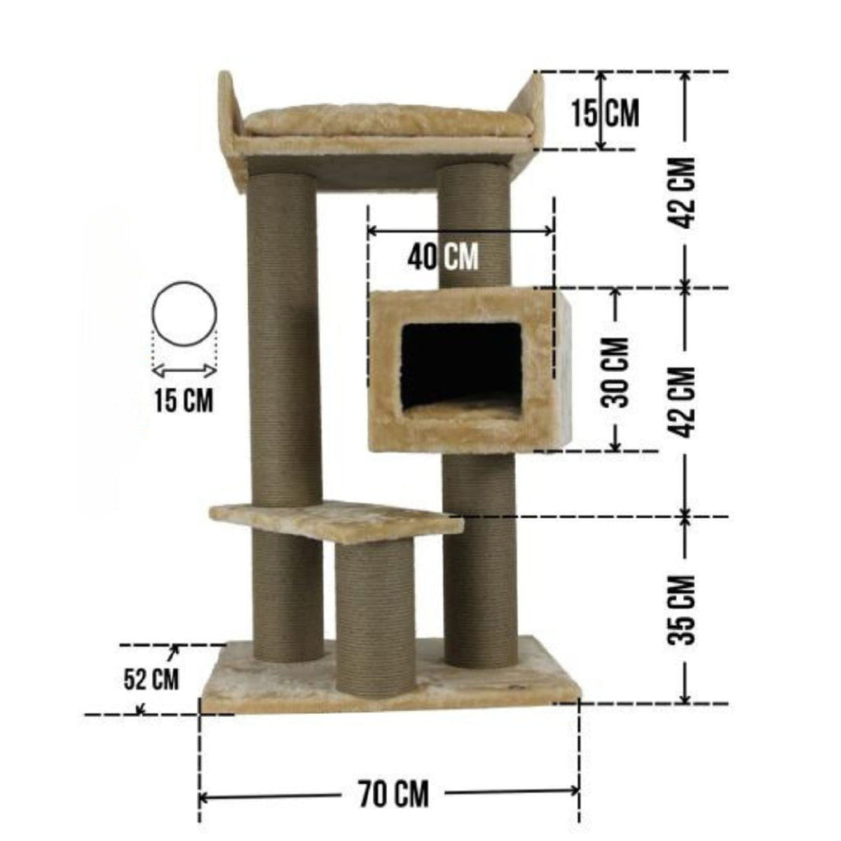 SHAW Toulouse, ansamblu de joacă pisici, 3 etaje, 1 căsuța, MDF și pluș, elemente de zgâriat, bej, 70x70x120cm - poza 3