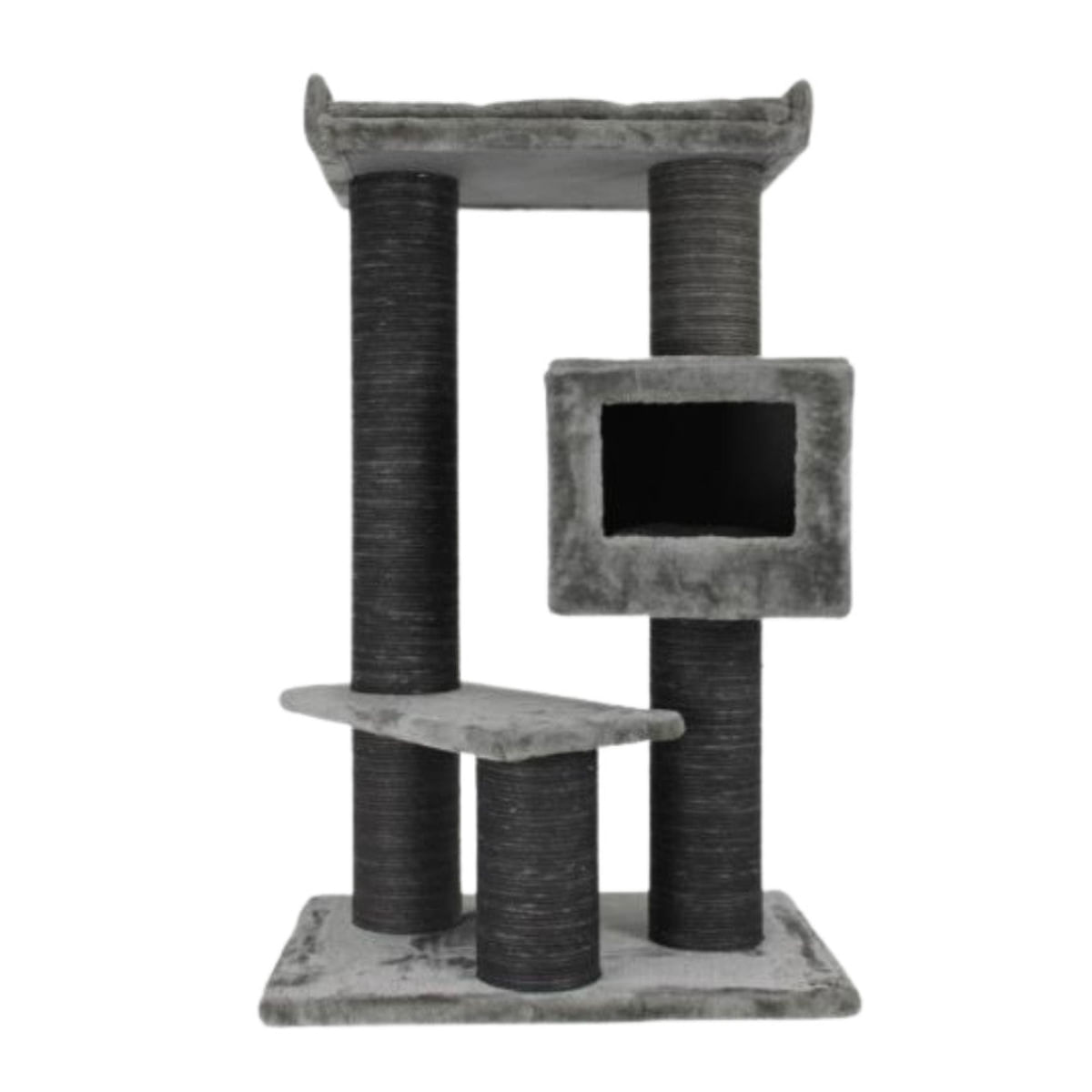 SHAW Toulouse, ansamblu de joacă pisici, 3 etaje, 1 căsuța, MDF și pluș, elemente de zgâriat, gri, 70x70x120cm - poza 1
