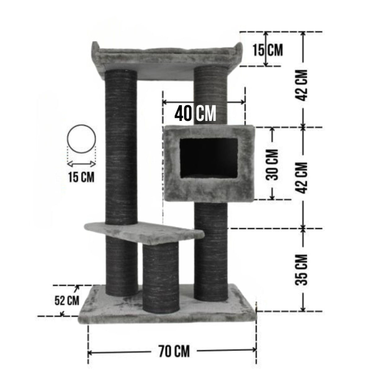SHAW Toulouse, ansamblu de joacă pisici, 3 etaje, 1 căsuța, MDF și pluș, elemente de zgâriat, gri, 70x70x120cm - poza 4