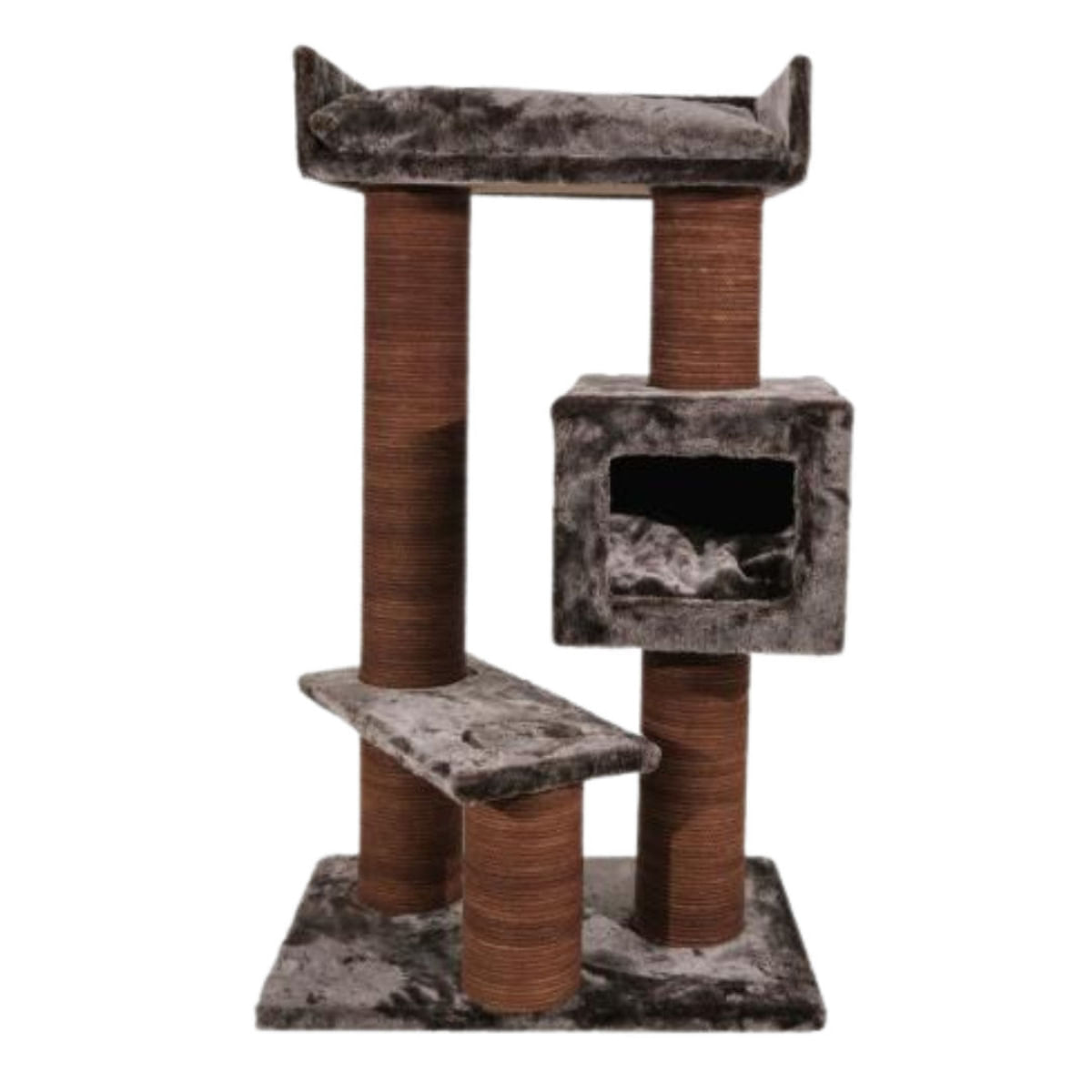 SHAW Toulouse, ansamblu de joacă pisici, 3 etaje, 1 căsuța, MDF și pluș, elemente de zgâriat, maro, 70x70x120cm - poza 1