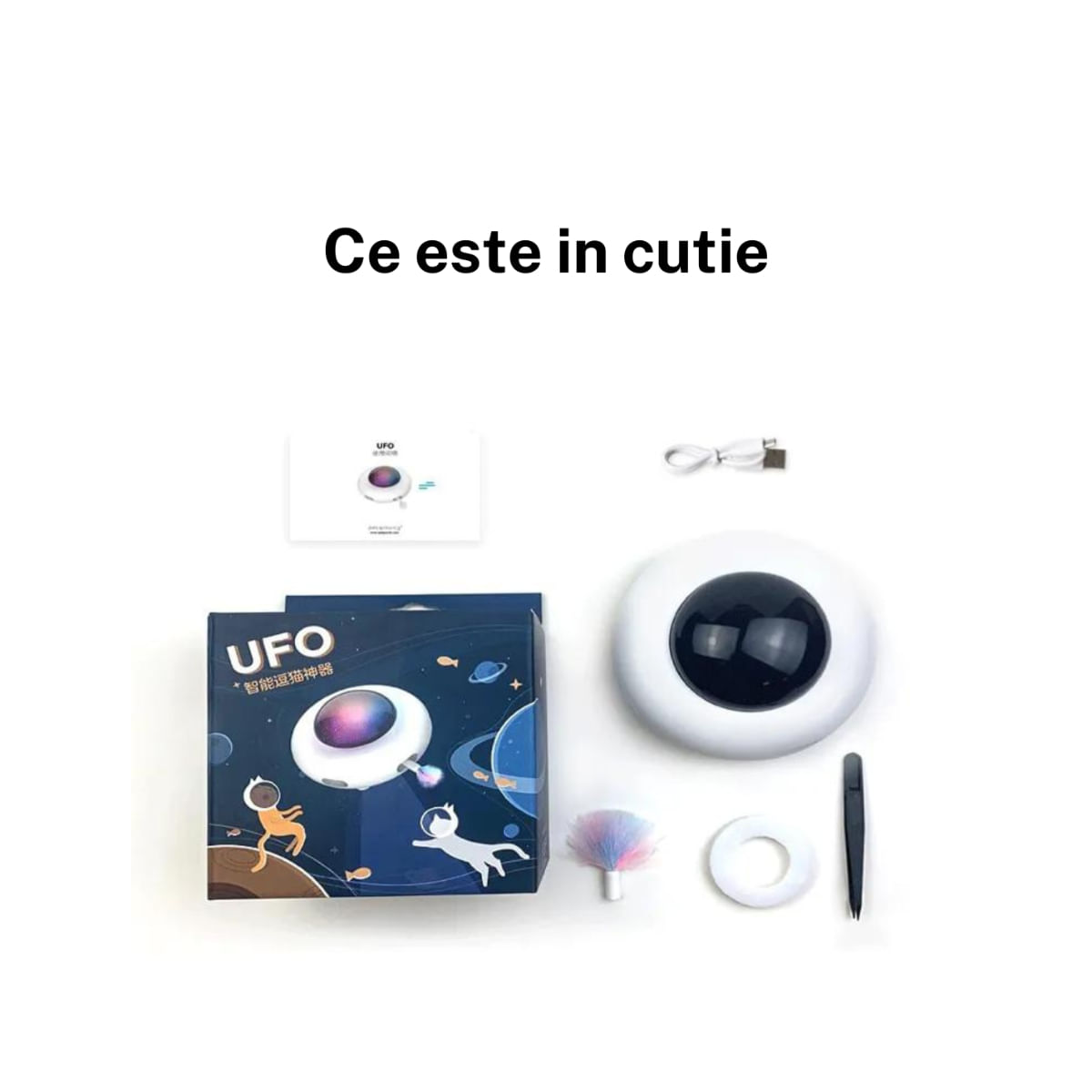 SHAW UFO electronic cu incarcare USB, jucărie interactivă pisici, inteligente, luminos, plastic, alb 15.6x9.2cm, 1buc - poza 3