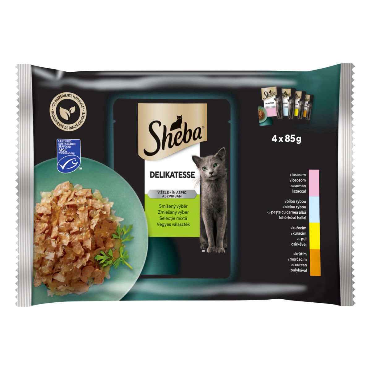 SHEBA Delicatese Selectii Mixte, Carne și Pește, plic hrană umedă pisici, (în aspic), multipack, 85g x 4buc - poza 1