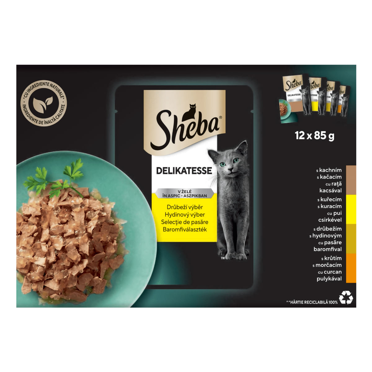SHEBA Delikatesse Selectie Mixta, Rata, Pui, Pasăre și Curcan, plic hrană umedă pisici, (în aspic), multipack, 85g x 12buc - poza 2