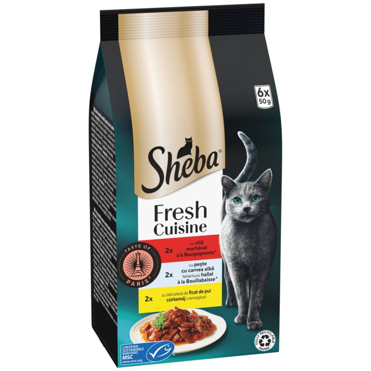 SHEBA Fresh Cuisine Taste of Paris Selectie Mixta cu Vita, Pește și Ficat, plic hrană umedă pisici, (în sos), multipack, 50g x 6buc - poza 2