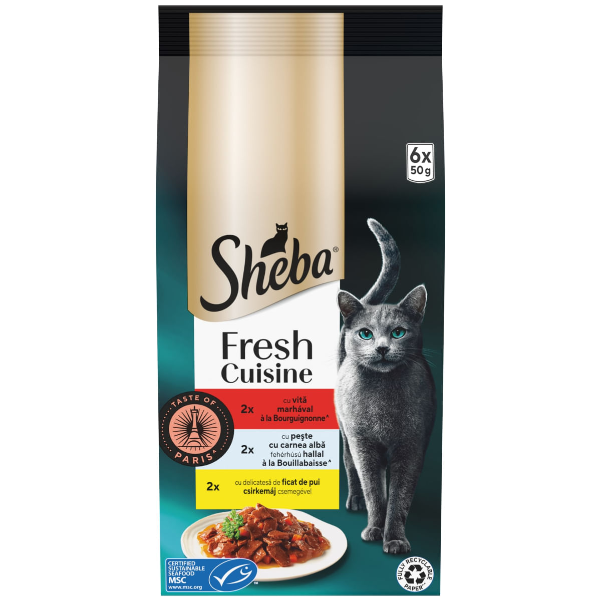 SHEBA Fresh Cuisine Taste of Paris Selectie Mixta cu Vita, Pește și Ficat, plic hrană umedă pisici, (în sos), multipack, 50g x 6buc - poza 3