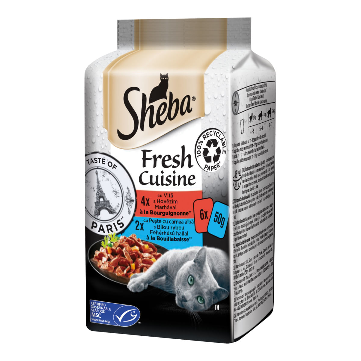 SHEBA Fresh Cuisine Taste of Paris, Vită și Pește, plic hrană umedă pisici, (în supă), multipack, 50g x 6buc - poza 2