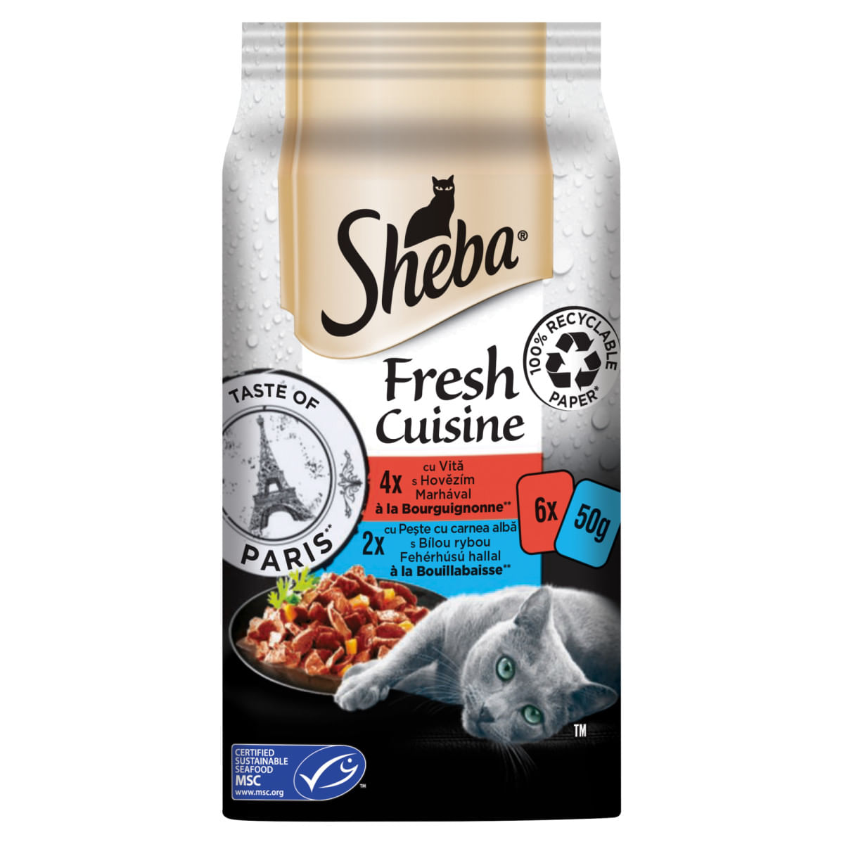 SHEBA Fresh Cuisine Taste of Paris, Vită și Pește, plic hrană umedă pisici, (în supă), multipack, 50g x 6buc - poza 3