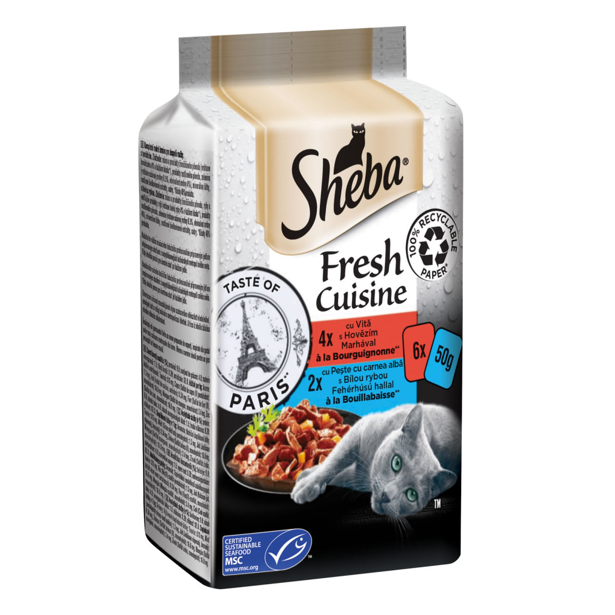 SHEBA Fresh Cuisine Taste of Paris, Vită și Pește, plic hrană umedă pisici, (în supă), multipack, 50g x 6buc - poza 4