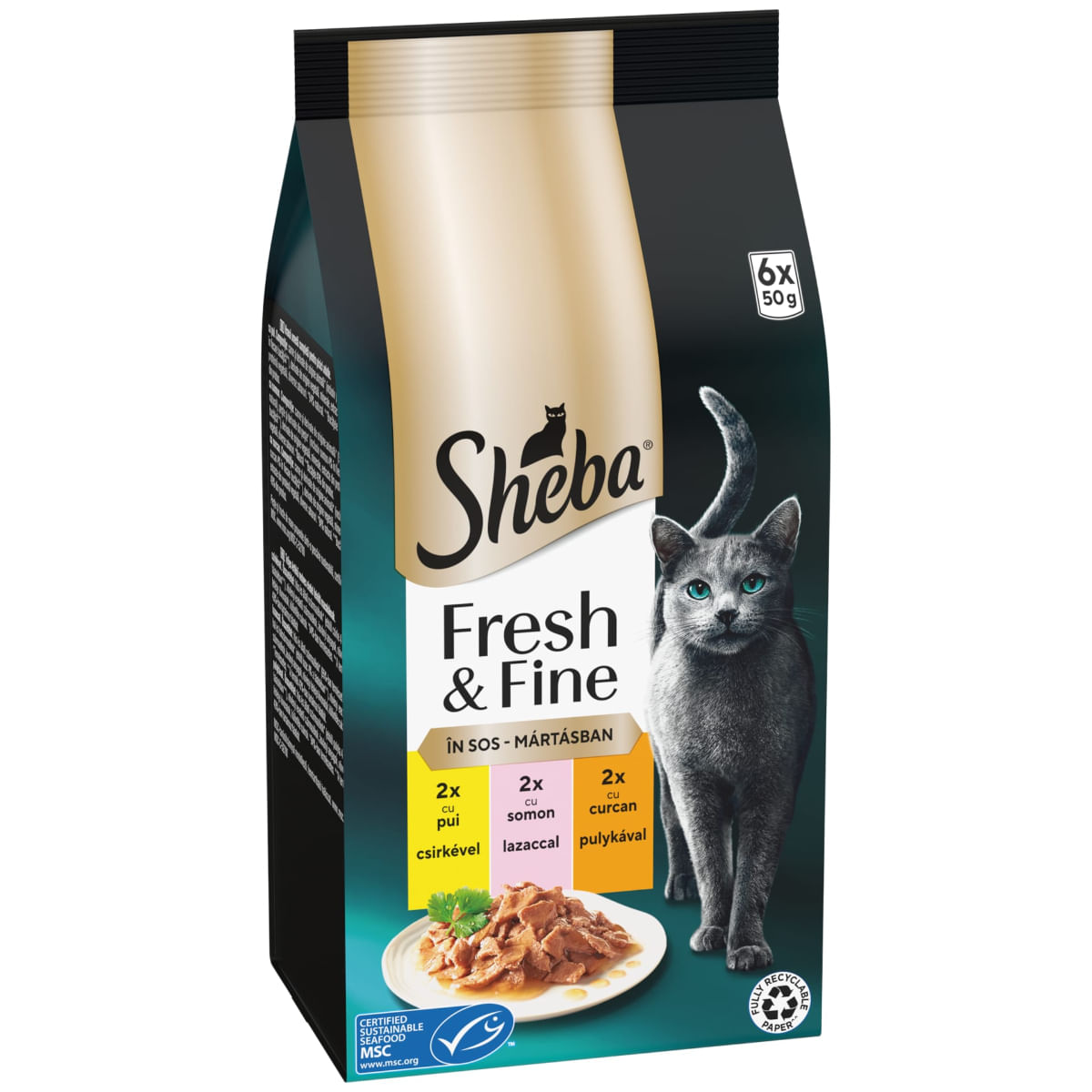 SHEBA Fresh & Fine Selectie mixt cu Pui, Somon și Curcan, plic hrană umedă pisici, (în sos), multipack, 50g x 6buc - poza 1