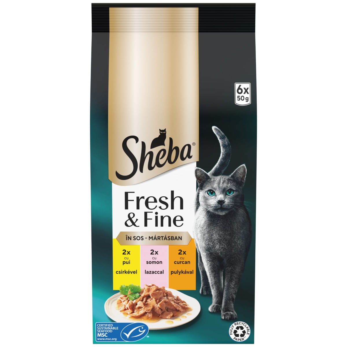 SHEBA Fresh & Fine Selectie mixt cu Pui, Somon și Curcan, plic hrană umedă pisici, (în sos), multipack, 50g x 6buc - poza 3