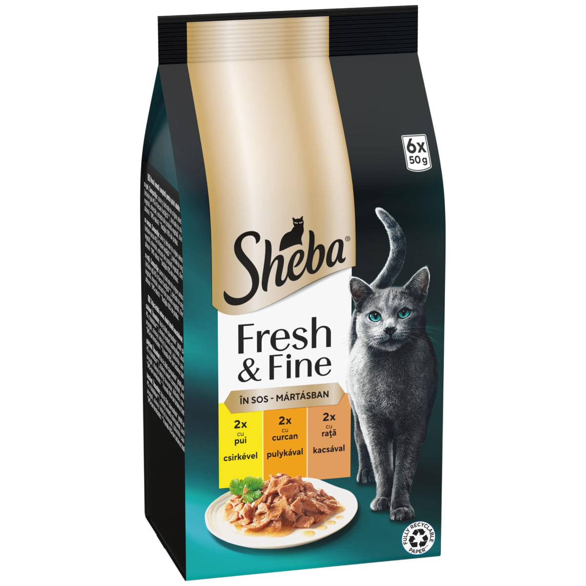 SHEBA Fresh & Fine Selectie Mixta cu Pui, Curcan și Rață, plic hrană umedă pisici, (în sos), multipack, 50g x 6buc - poza 1