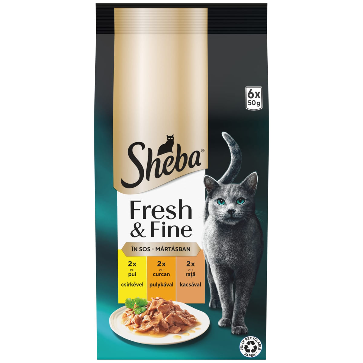 SHEBA Fresh & Fine Selectie Mixta cu Pui, Curcan și Rață, plic hrană umedă pisici, (în sos), multipack, 50g x 6buc - poza 3