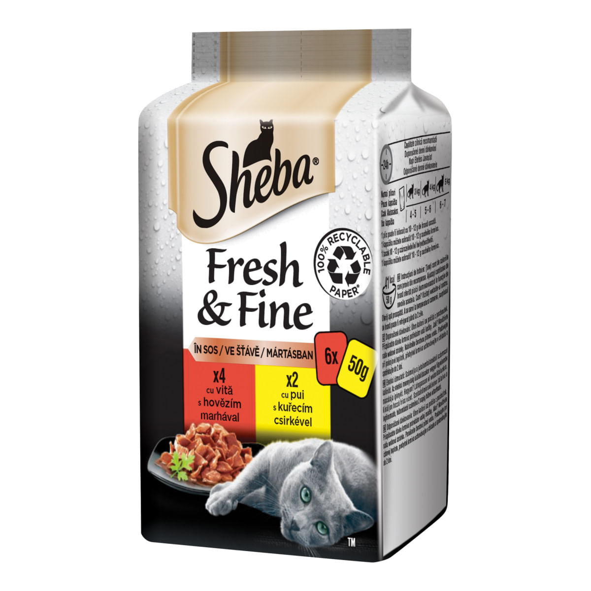 SHEBA Fresh & Fine Selectii Mixte, Vită și Pui, plic hrană umedă pisici, (în sos), multipack, 50g x 6buc - poza 3
