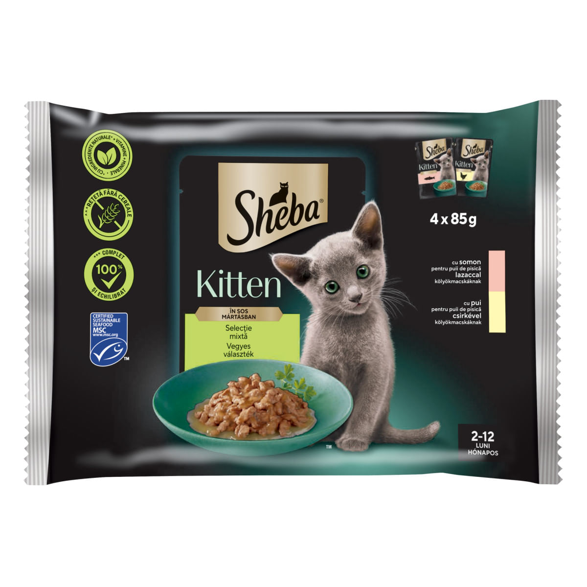 SHEBA Kitten Selectie Mixta, Somon și Pui, plic hrană umedă pisici junior, (în sos), multipack, 85g - poza 2