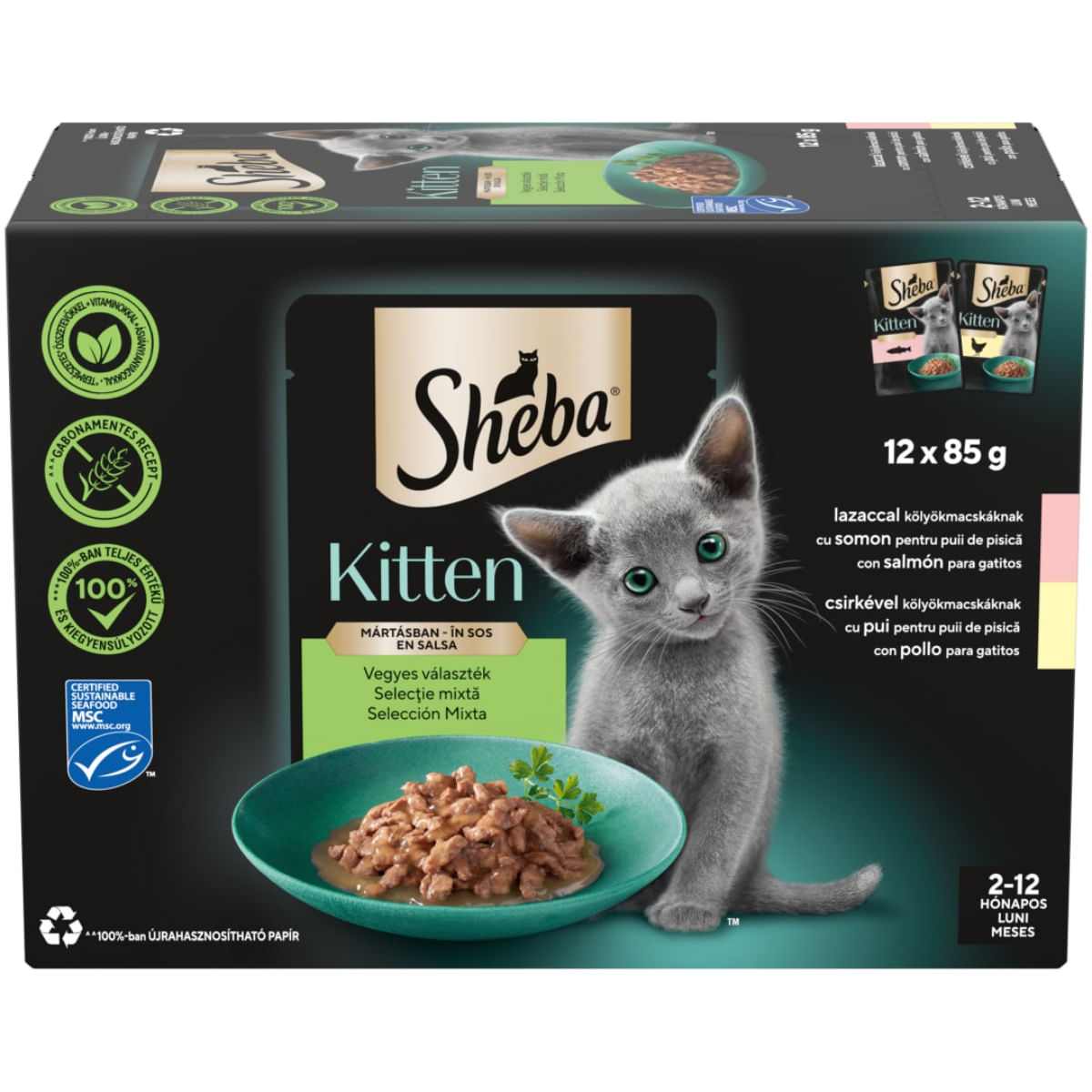 SHEBA Kitten Selectie Mixta, Somon și Pui, plic hrană umedă pisici junior, (în sos), multipack, 85g x 12buc - poza 1