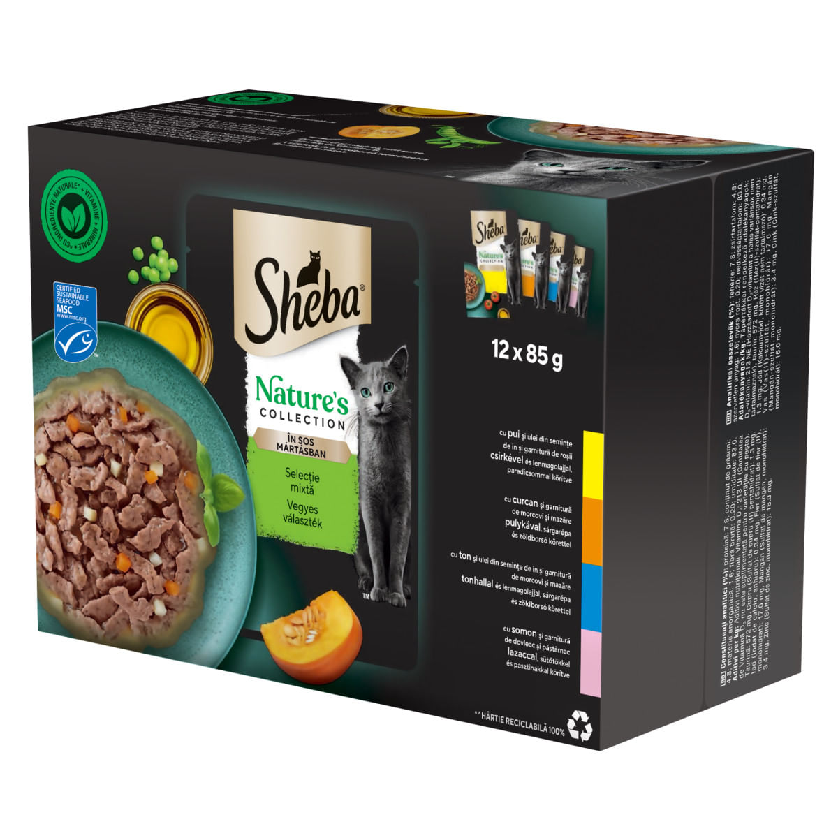 SHEBA Nature's Collection Selectie Mixta, Carne și Pește, plic hrană umedă fără cereale pisici, (în sos), megapack, 85g x 12buc - poza 2