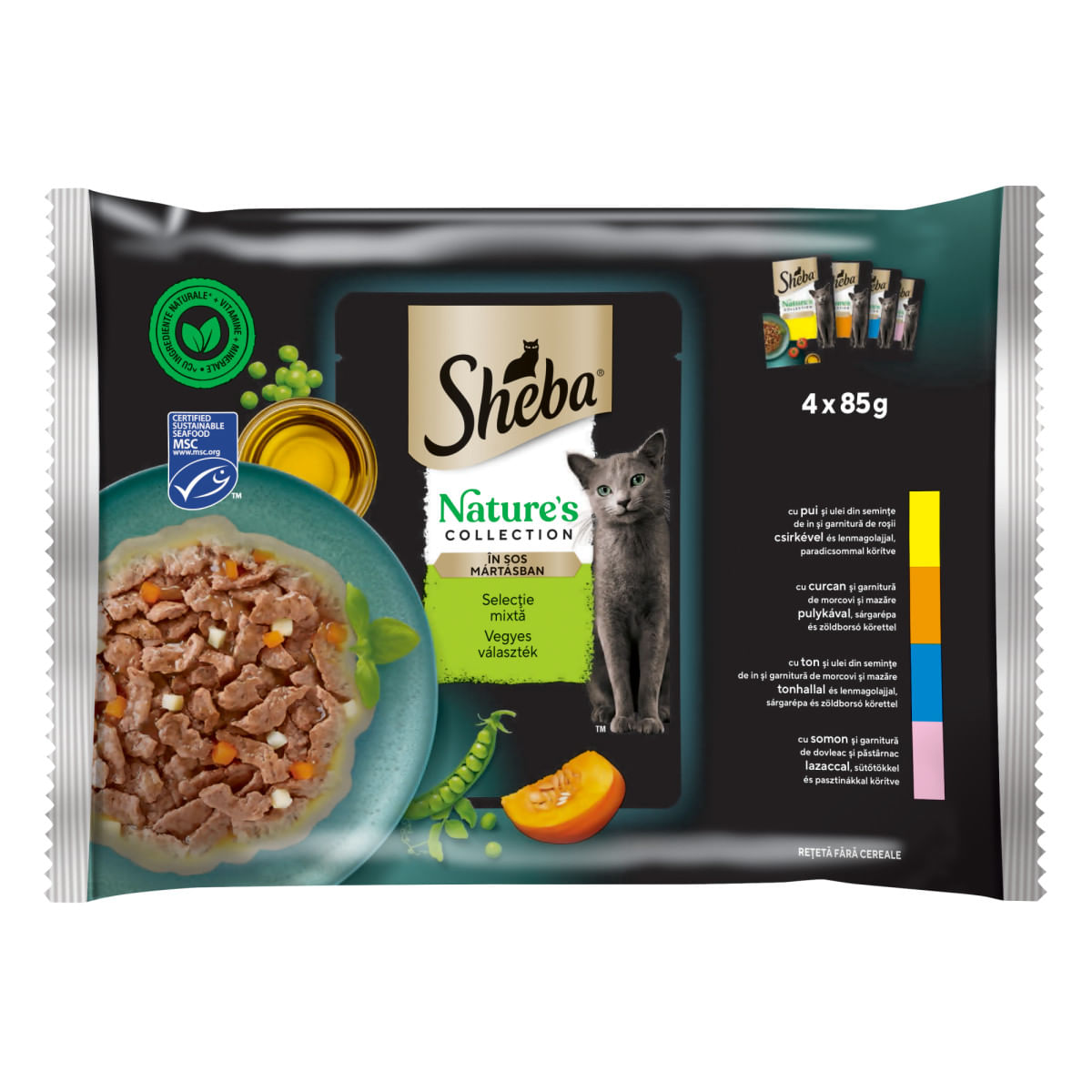 SHEBA Nature's Collection Selectie Mixta, Carne și Pește, plic hrană umedă fără cereale pisici, (în sos), multipack, 85g x 4buc - poza 1
