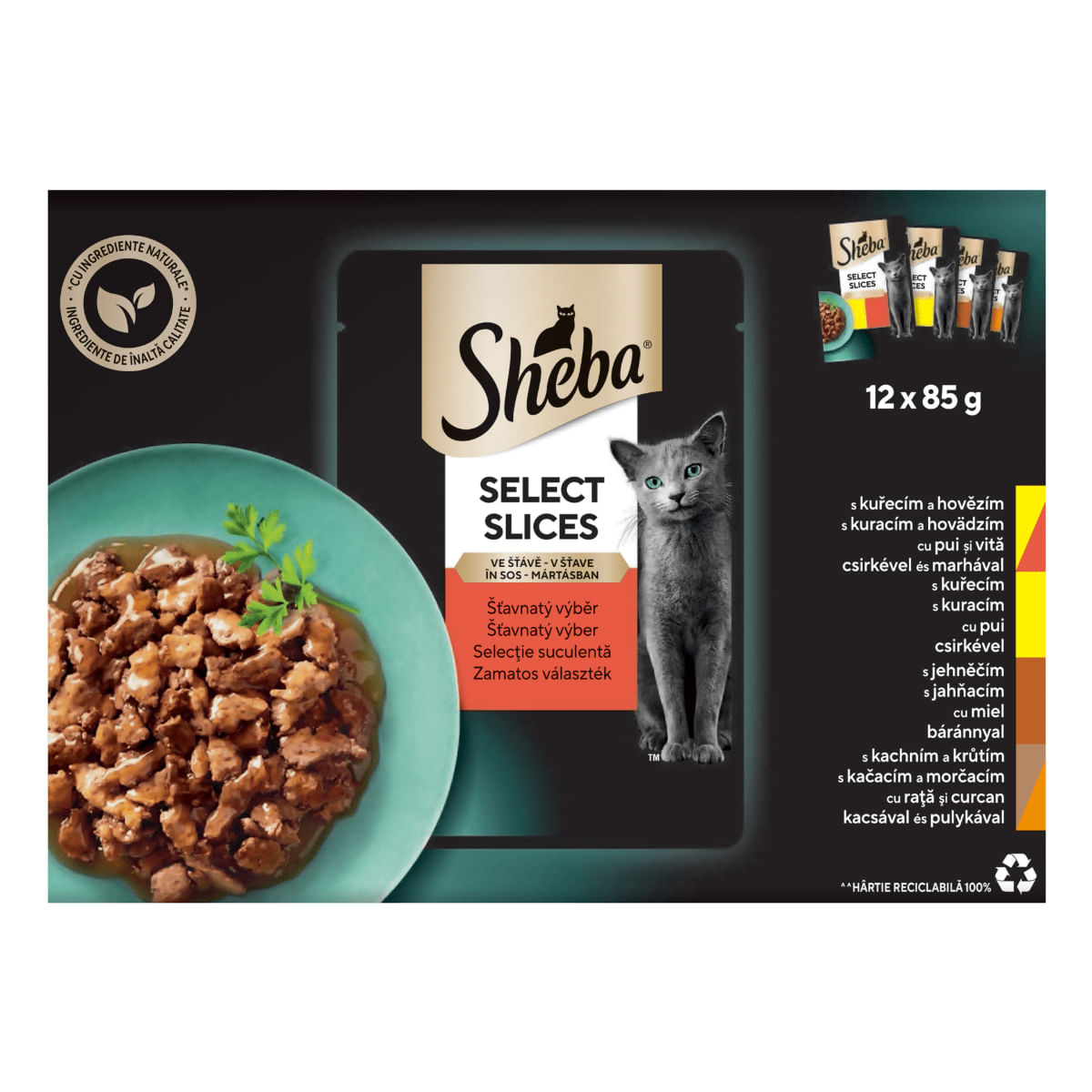 SHEBA Select Slices, Pui, Miel, Rata si Curcan, Pui și Vită, plic hrană umedă pisici, (în sos), multipack, 85g x 12buc - poza 2