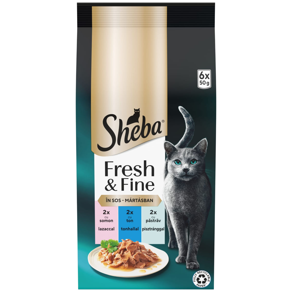 SHEBA SHEBA Fresh & Fine Selectie Mixt cu Somon, Ton și Păstrăv, plic hrană umedă pisici, (în sos), multipack, 50g x 6buc - poza 1