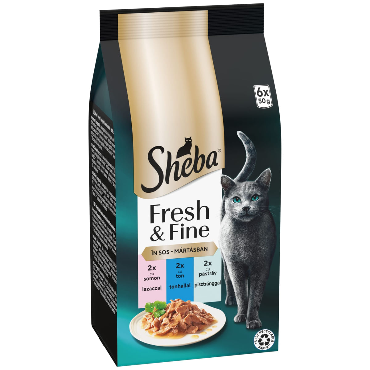 SHEBA SHEBA Fresh & Fine Selectie Mixt cu Somon, Ton și Păstrăv, plic hrană umedă pisici, (în sos), multipack, 50g x 6buc - poza 3