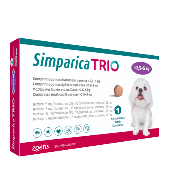 Simparica Trio Caini 6 mg (2.6 - 5 kg) Deparazitare interna si externa, 3 x comprimate masticabile