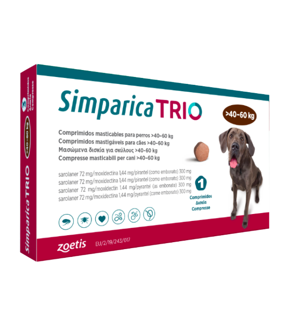 Simparica Trio Caini 72 mg (40.1 - 60 kg) Deparazitare interna si externa, 3 x comprimate masticabile