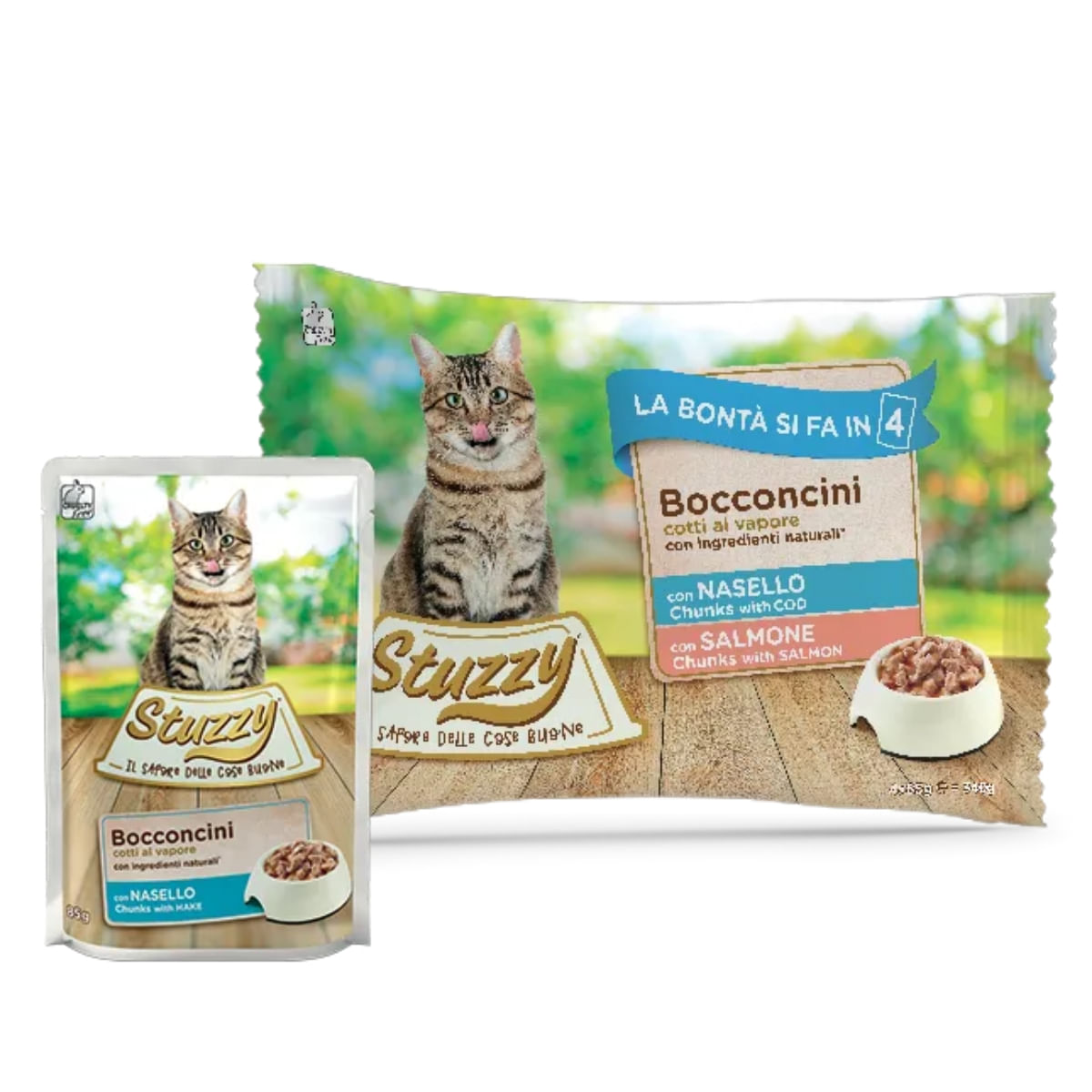 STUZZY Chunks Pack, Cod și Somon, plic hrană umedă pisici, (în aspic), multipack, 85g x 4buc - poza 1