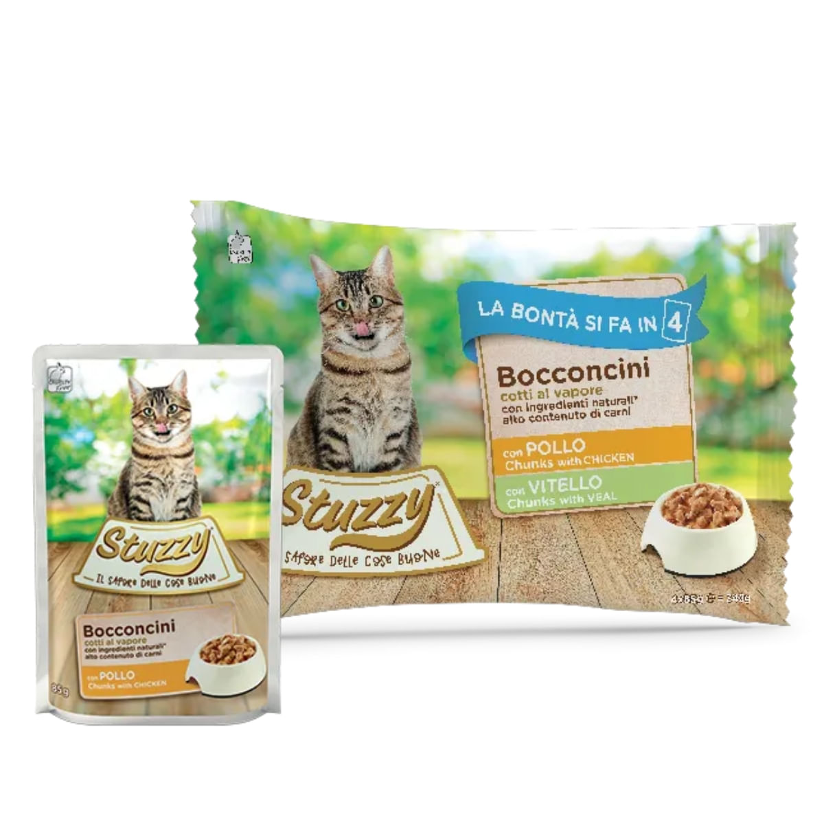 STUZZY Chunks Pack, Pui și Vită, plic hrană umedă pisici, (în aspic), multipack, 85g x 4buc - poza 2