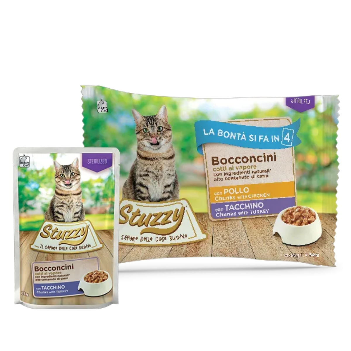 STUZZY Chunks Pack Sterilised, Pui și Curcan, plic hrană umedă pisici sterilizate, (în sos), multipack, 85g x 4buc - poza 2