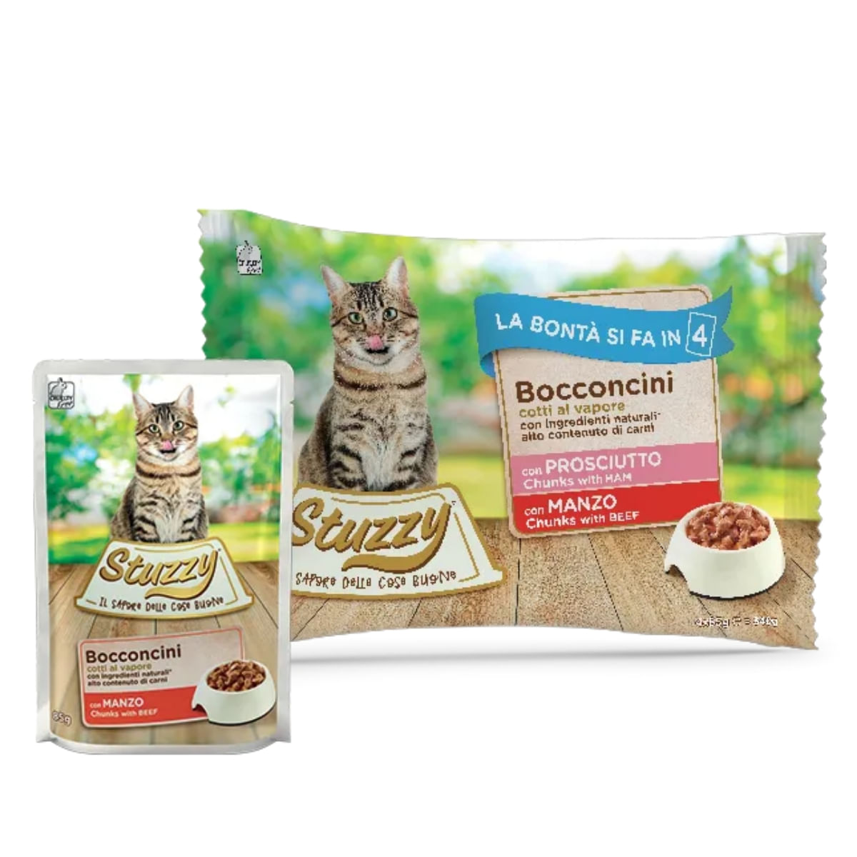 STUZZY Chunks Pack, Șuncă și Vită, plic hrană umedă pisici, (în aspic), multipack, 85g x 4buc - poza 2