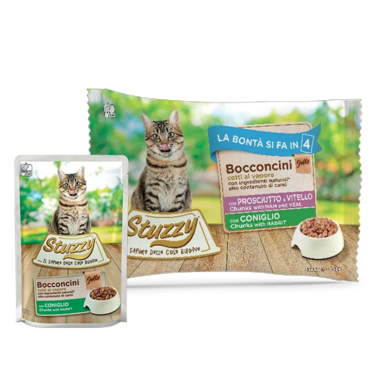 STUZZY Chunks Pack, Șuncă, Vițel și Iepure, plic hrană umedă pisici, (în aspic), multipack, 85g x 4buc - poza 2