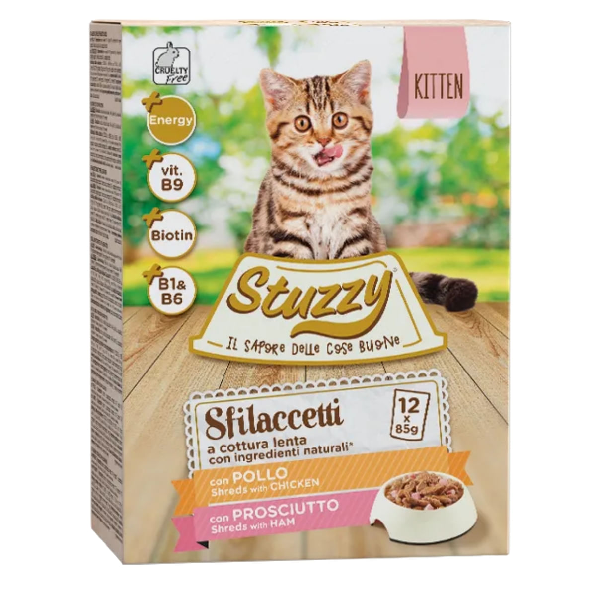 STUZZY Shreds Pack Kitten, Pui și Șuncă, plic hrană umedă pisici junior, (în sos), multipack, 85g x 12buc - poza 1