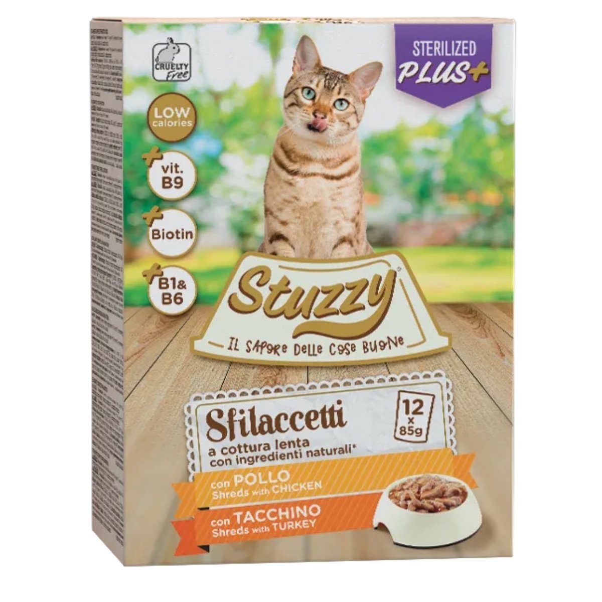 STUZZY Shreds Pack Sterilised, Pui și Curcan, plic hrană umedă pisici sterilizate, (în sos), multipack, 85g x 12buc - poza 1