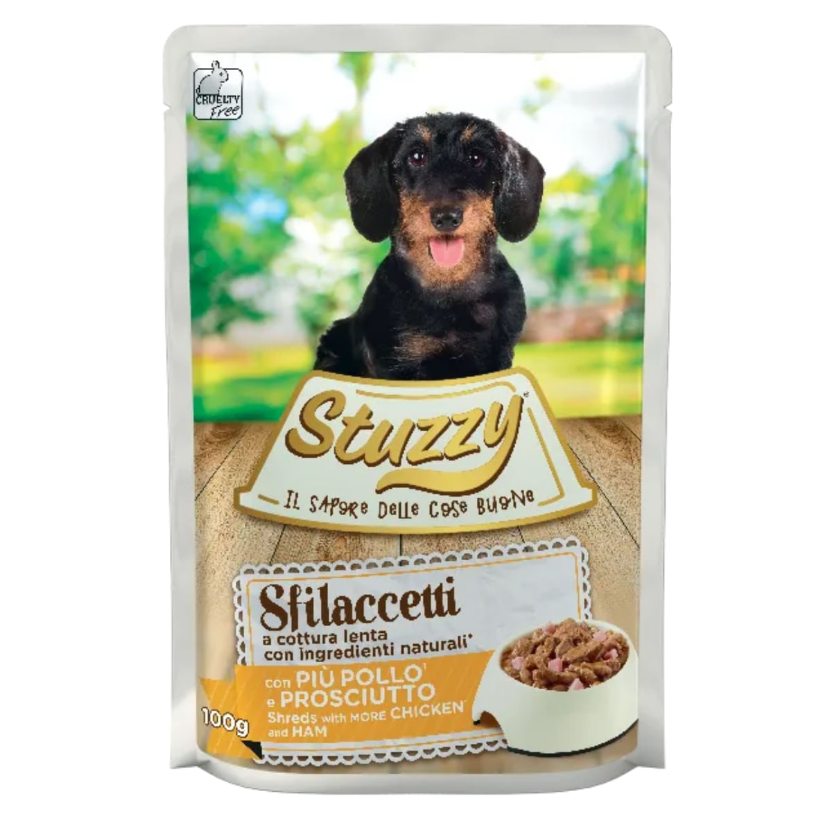 STUZZY Shreds, XS-XL, Pui și Șuncă, plic hrană umedă câini, (în suc propriu), 100g - poza 1