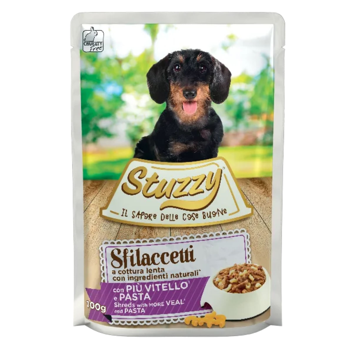 STUZZY Shreds, XS-XL, Vițel și Paste, plic hrană umedă câini, (în suc propriu), 100g - poza 1